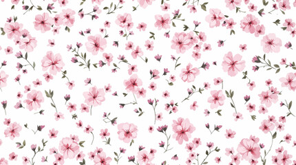 Watercolor seamless pattern pink wild flowers on the white background