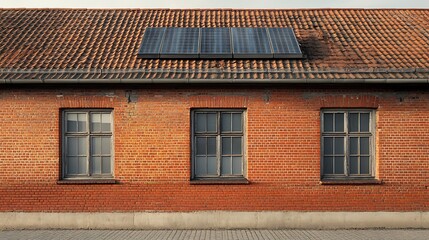 Aerial View of House with Solar Panels on Tiled Roof, Aerial view of a house with red tiled roof and solar panels