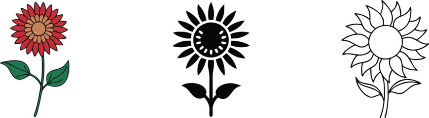 Sunflower Variations Red, Black, White, Line Art Designs