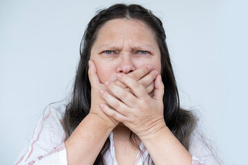 female distressed face emphasizing emotional impact violence, hands on face, sign Me Too, international movement MeToo against sexual violence, harassment