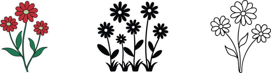 Floral Designs Red, Black, and Line Art Flower Illustrations