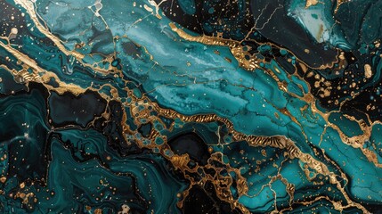Abstract teal and gold marbled background with intricate patterns. Luxury design. Background image of marble texture with green, black and gold line in fluid pattern. Contemporary artwork. AIG51.
