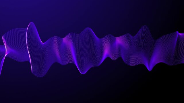 Purple minimal flat wave background. Glowing linear wave in the center moves horizontally. Audio and data visualization concept. Linear wave as sound with modern style in digital data lines. Looped