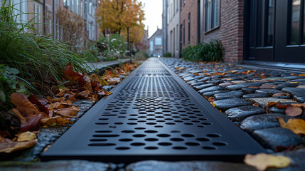 A textured cobblestone path with a drainage grate, surrounded by fallen leaves, capturing the essence of autumn in a quaint urban setting. metal grate storm drain in urban setting