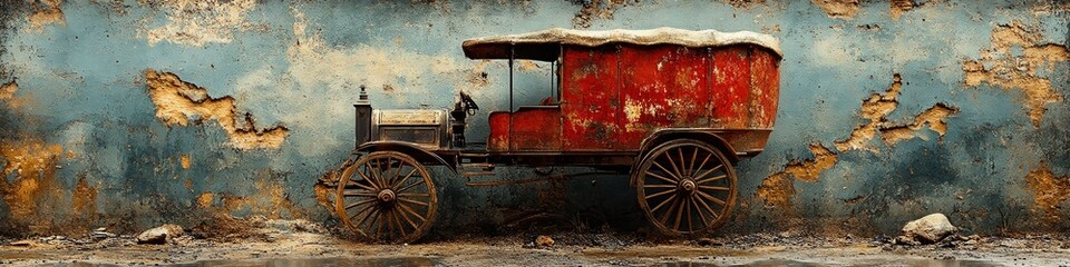 A weathered red vintage car parked against a peeling blue wall.
