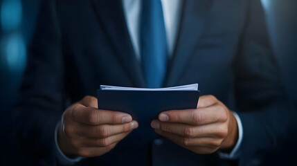 A professional man in a suit holding a business card in a dimly lit office setting, symbolizing networking and opportunities.