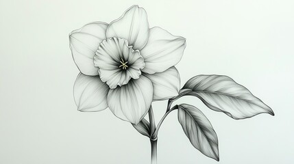 A detailed pencil drawing of a white daffodil with green leaves.