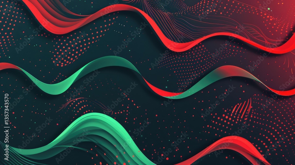 Poster abstract red and green flowing waves on a dark background. digital artwork for design and print. flu