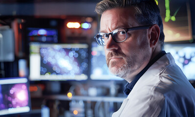 Fototapeta premium Happy mature, grey-haired male scientist with a confident smile enjoys his research work, sitting at his lab table, arms crossed in a welcoming gesture, connected with science and medicine.