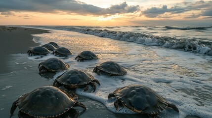 Horseshoe crabs on a quiet beach at dusk, near shallow waves. 