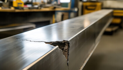 Close-up view of a stainless steel beam showing a significant crack, indicating possible structural weaknesses in the material's integrity