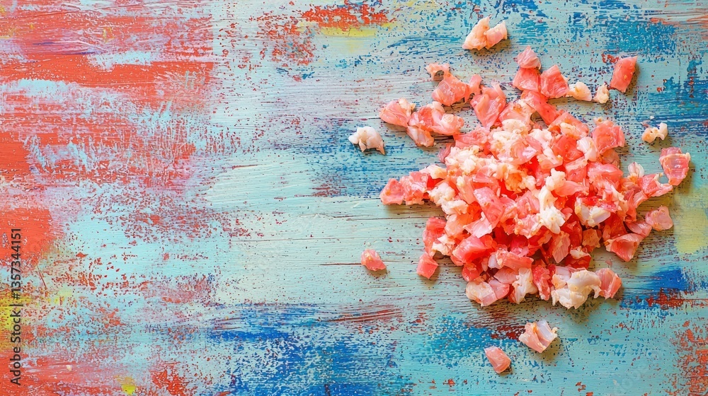Poster imitation crab pieces on a colorful cutting board, ready for use in recipes