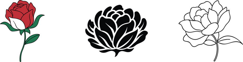 Three Rose Variations Red, Black, and Outline Drawings
