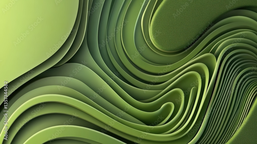 Poster abstract image of flowing, three-dimensional layered green forms creating undulating patterns, showc