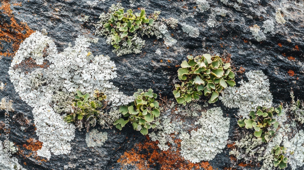 Poster moss and lichen growing on the rough bark of a forest tree.