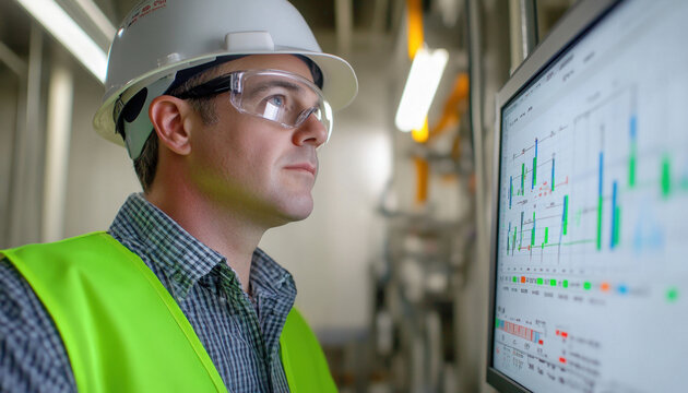 Engineer in safety gear reviews critical data on a computer screen in a busy industrial setting, assessing performance metrics carefully