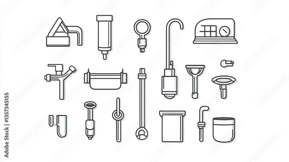 Poster plumbing icons with a minimalist line style on a white background.