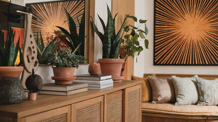 Boho Chic Interior with Plants and Sun Art. Cozy living room detail: wooden cabinet holds potted plants, books & decor. Sunburst art & mirror reflection enhance the warm, boho-chic atmosphere. 