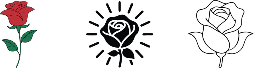 Three Rose Illustrations Red, Black, and Outline Drawings