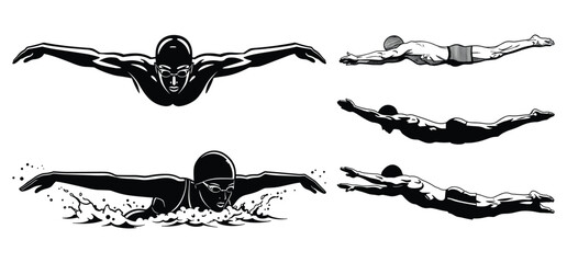 A Elite Swimmer Silhouettes of a Swimming man icon Players with Logo and Swimmer Silhouettes