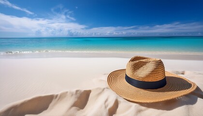 a straw hat lies on soft white sand surrounded by a breathtaking ocean view and bright blue sky capturing a relaxed beach atmosphere