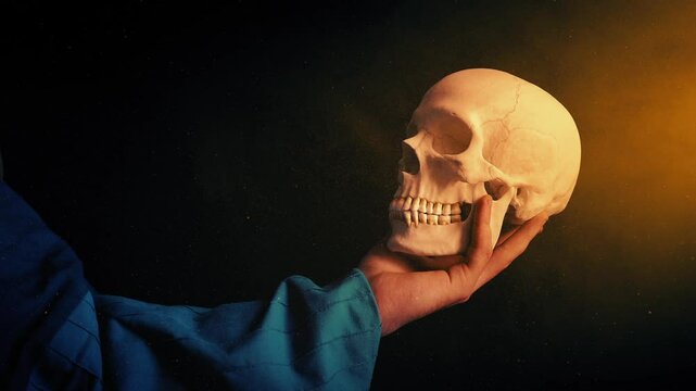 Actor Holds Out Skull At Theater Performance
