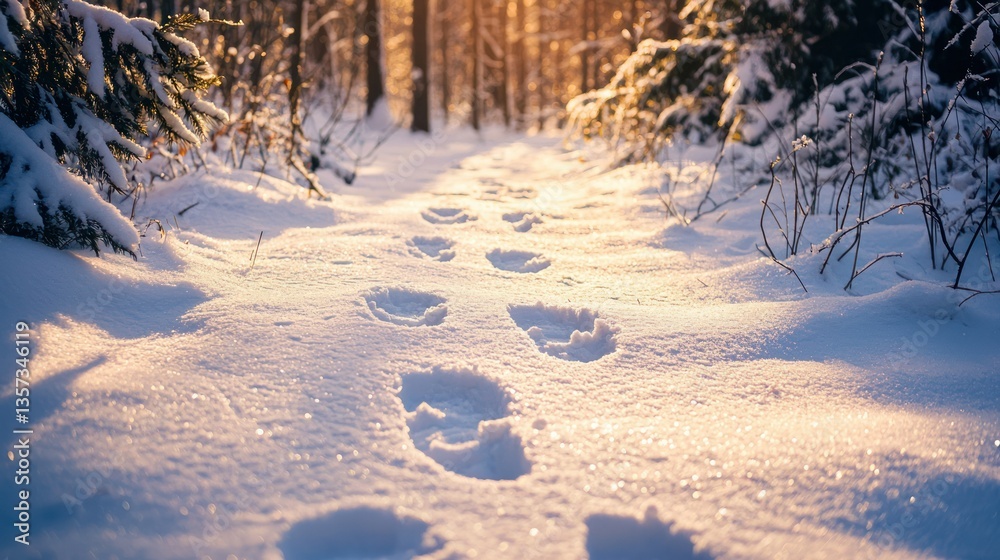 Poster soft bunny paw prints in the snow, leading through a forest path during winter.