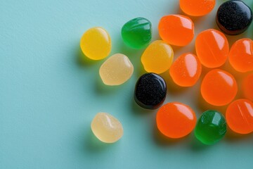Colorful Fruit-Flavored Gummies on a Soft Blue Background Display