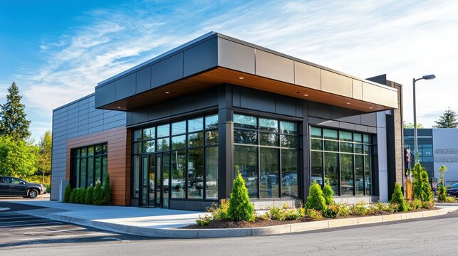 The exterior of a modern small business with sleek architecture and a welcoming entryway.