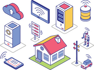 Isometric real estate icon set with buildings houses and city elements in 3D vector illustration