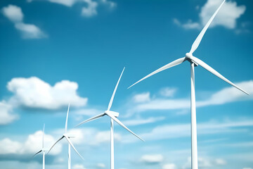 Fototapeta premium A scenic view of towering wind turbines against a sunny blue sky, showcasing renewable energy and sustainable practices.