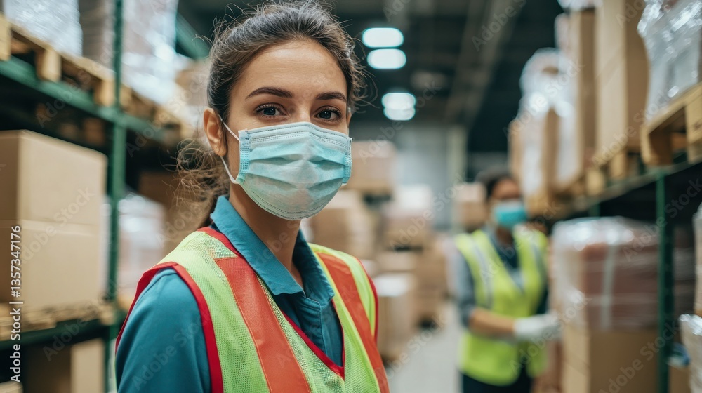 Poster volunteers wearing masks and vests working at a donation distribution center.