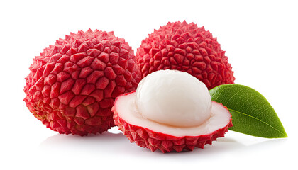 Two lychees that are ripe, accompanied by green leaves, are isolated on a white background