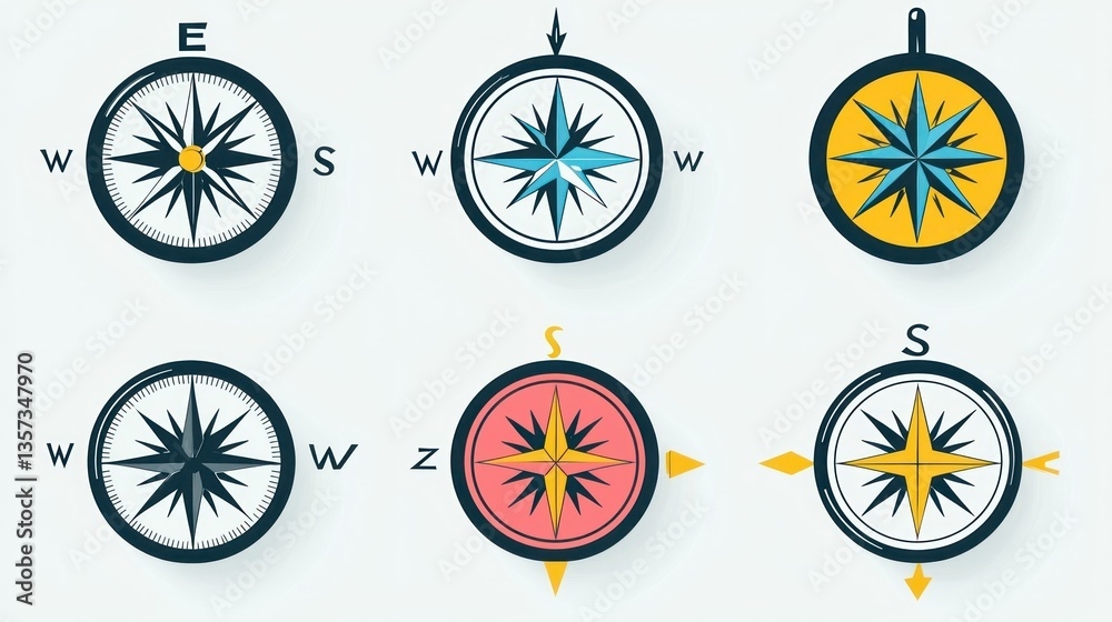 Poster A clean and simple vector illustration of compass icons, each with a unique directional arrow. 