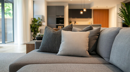Fototapeta premium Close up of a gray sectional sofa with decorative pillows in a modern living room setting indoors