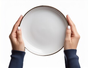 hands holding a blank white plate for presentation cut out stock