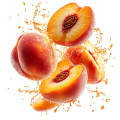 Whole Peaches and Slices Flying Through the Air with Orange Juice Isolated on Transparent Background