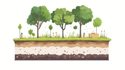 Digital illustration depicting a cross-section of soil showing different layers, from topsoil to subsoil and bedrock.  Above the soil, a group of stylized trees and smaller plants are shown, set