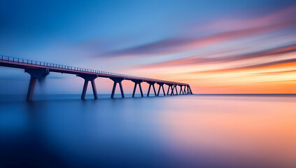 A serene twilight scene featuring a long pier extending into calm waters under a colorful sky filled with soft hues.