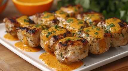 Grilled pork medallions with orange sauce and parsley garnish culinary delight gourmet presentation food photography studio shot close up appetizing meal