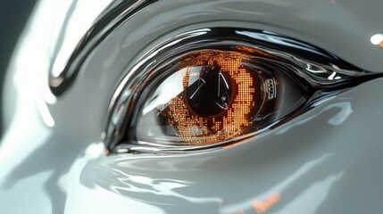 Close-up of a futuristic eye with a metallic texture and intricate glowing pupil, blending technology with organic form, creating an eerie gaze.