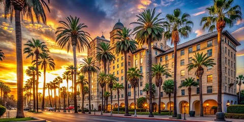 Obraz premium Glamorous Hotel Scene: Palm Trees, Sunset, Hollywood Hills
