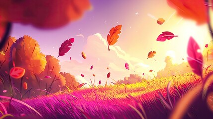Autumn leaves falling, vibrant field, sunrise, peaceful scene, digital illustration, background