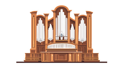 An illustration of a large pipe organ against a white background. The organ is depicted in a detailed, stylized manner, showcasing its intricate wooden structure, numerous pipes, and ornate design