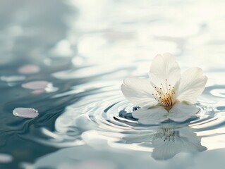 Single cherry blossom petal on water surface with shallow depth of field and space for text above