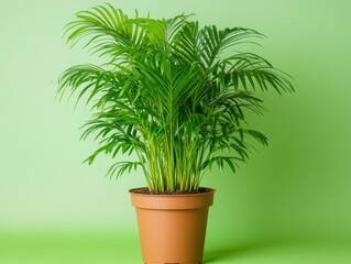 Obraz premium Lush areca palm in a terracotta pot against a vibrant green background creating a refreshing and natural indoor atmosphere with a clean studio aesthetic