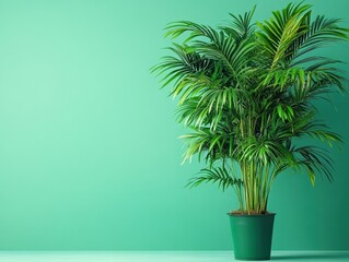 Obraz premium Lush areca palm in green pot against a light green wall creating a vibrant and refreshing atmosphere for interior decor and design