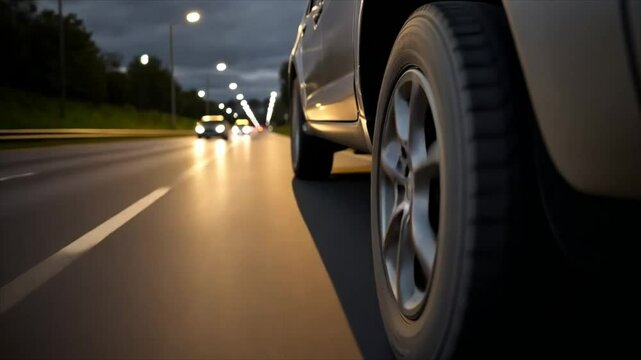 Comfortable and safe ride on cool smooth highway: Close-up of car wheel moving on illuminated highway late at night