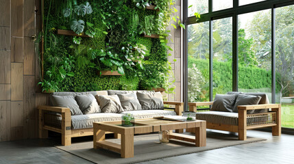 Living room with a vertical garden wall, large windows, and natural wood furniture for a seamless indoor-outdoor connection