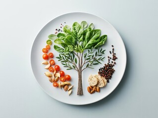 A whimsical vegetarian dish shaped like a tree of life, emphasizing sustainability and natural balance